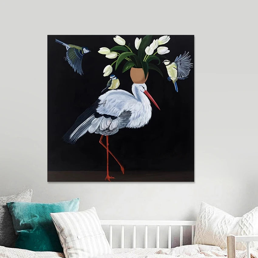 Canvas Artwork, Abstract Design Bird Oil Paintings, Frameless, Flowers Art Picture, Aesthetics Rooms Wall Decoration, Handmade