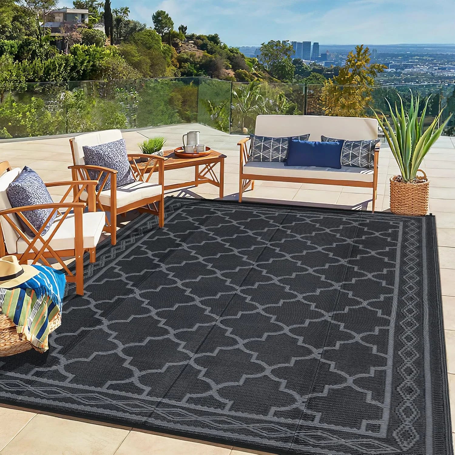VIKAMA Waterproof Portable Garden Outdoor Rug Double-Sided Outdoor Carpet Camping Caravan Mat Modern Checkered Outdoor Rug