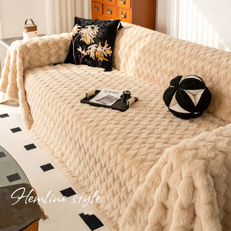 EIFLOY-Winter Rabbit Fur Plush Sofa Cover, Anti Slip, for Living Room, Warm Couch Armchair Slipcover, Sofa Towel Protector