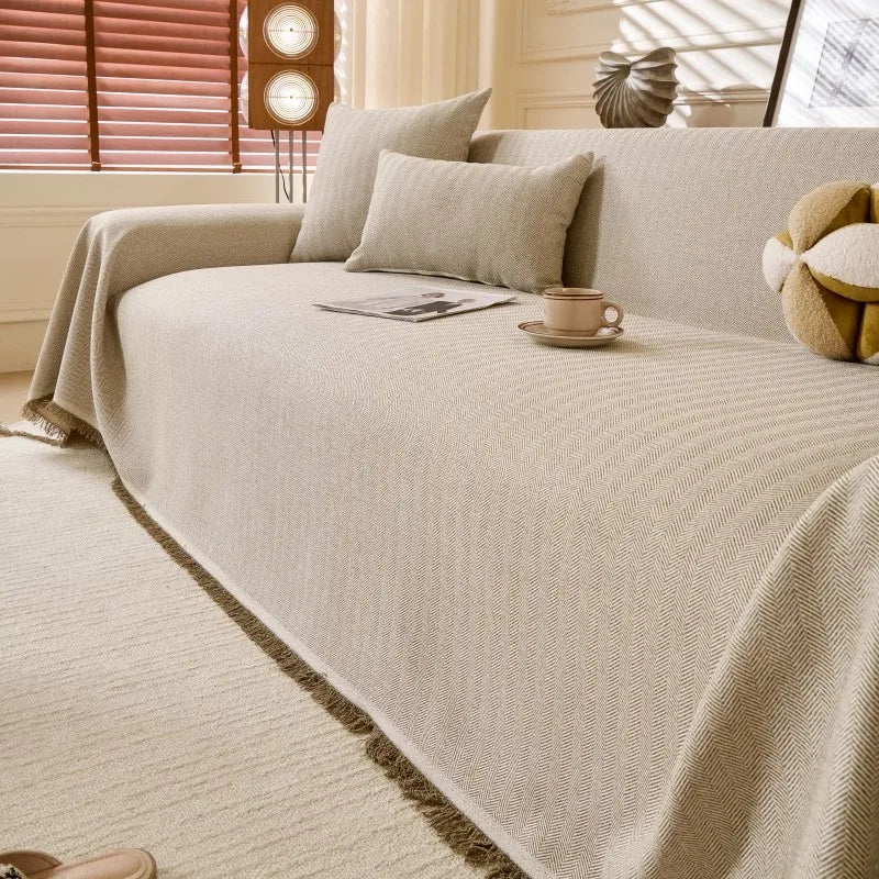 All-Season Universal Full Coverage Non-Slip Couch Imitation Llinen Solid Couch Camping Blanket Vintage Wave Pattern Sofa Cover