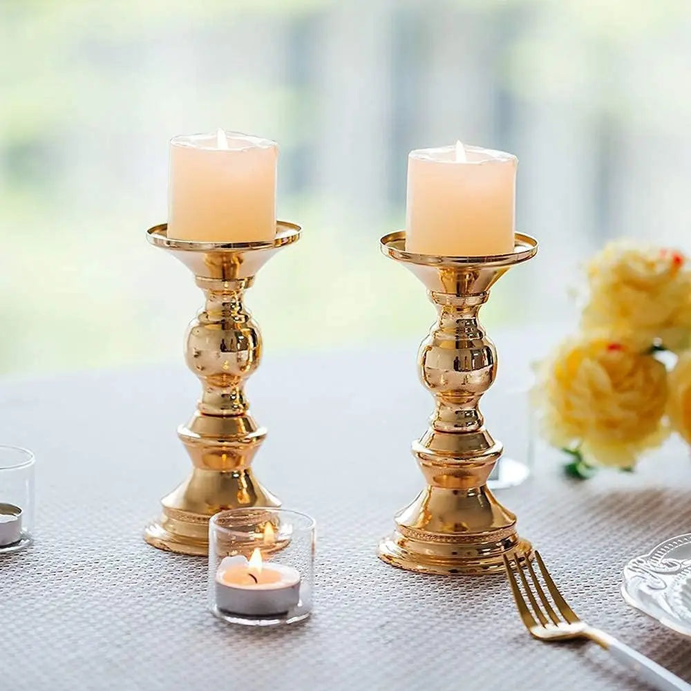 2 Pcs Candle Holders Gold Metal Pillar Candle Holders, Wedding Centerpieces Candlestick Holders Candles Stand Decoration