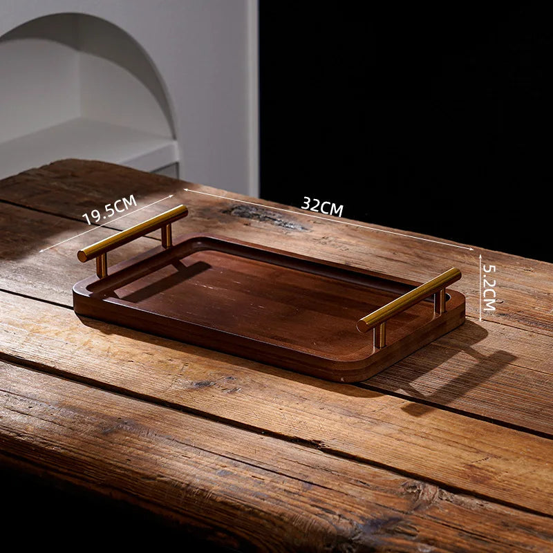 Wooden Tray with Golden Metal Handle for Water Cup Fruit Food Bread Sundries Serving Tray Household Organizer