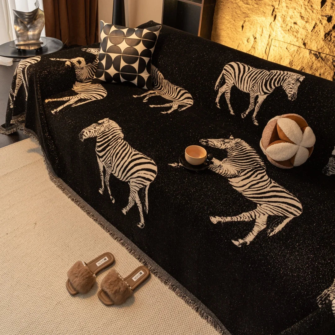 1PC New Zebra Jacquard Shiny Chenille Sofa Towel, All-Season Fringe Tassel Couch Blanket, Living Room Decor Sofa Cover