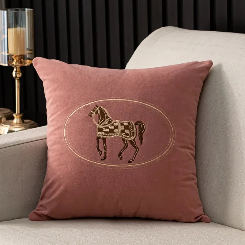 Elegant American Hand-Embroidered Cushion Cover with Horse Design, Perfect for Sofa Home Office Living Room or Car Size 45x45cm