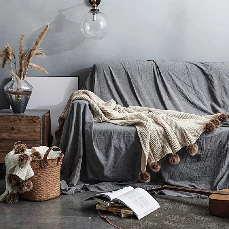 Inyahome-Fur Pom Pom Knitted Throw Blanket, Super Soft Warm Cozy Cable Knitted Nordic Blanket for Sofa and Couch, 51x63 Inch