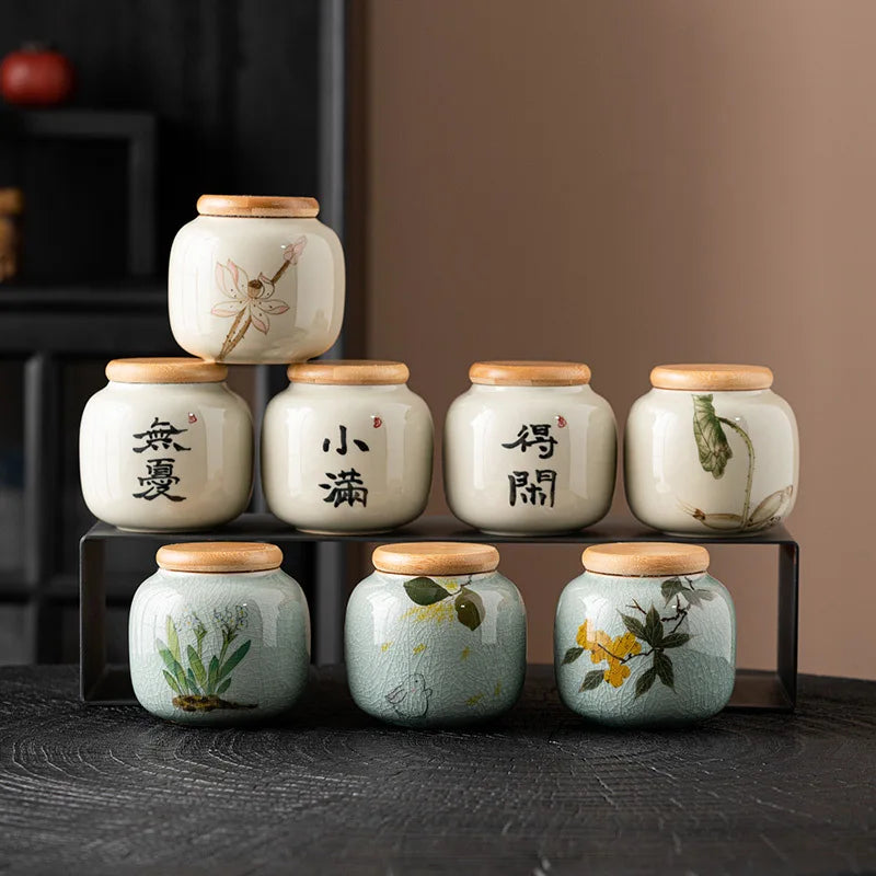 European Ceramic Storage Jar with Cover Hand Painted Flowers for Decoration Tabletop Sealed Tea Canister Kitchen Grain Dispenser