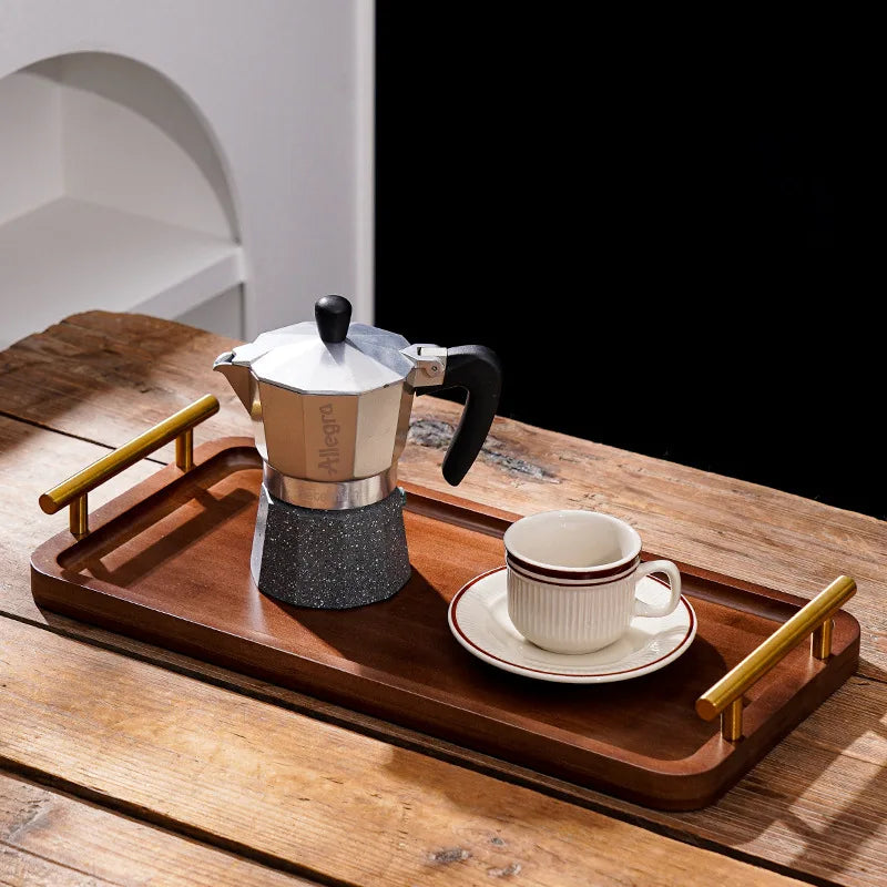 Wooden Tray with Golden Metal Handle for Water Cup Fruit Food Bread Sundries Serving Tray Household Organizer