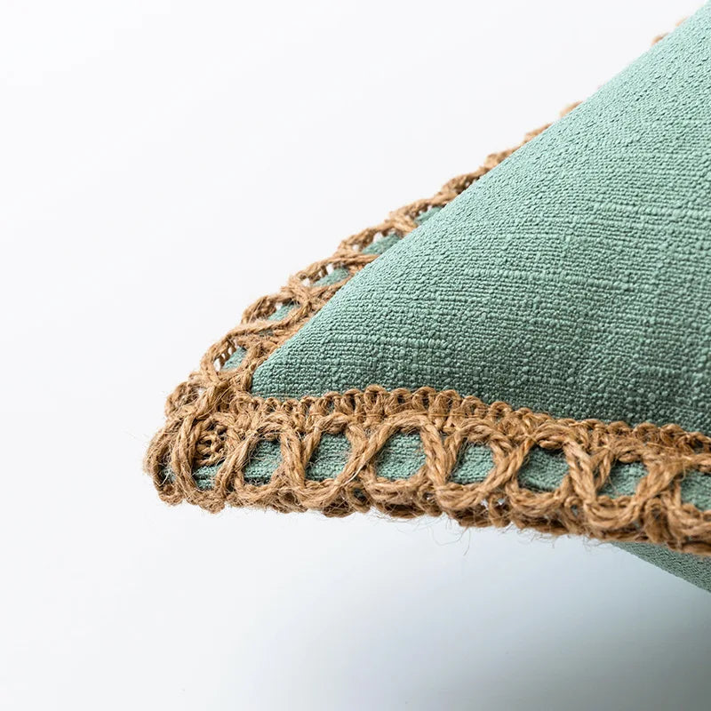 Solid Color Cotton Linen Pillow Cover with Jute Rope Trim Boho Decorative 45x45cm Cushion Pillow Case for Sofa Bed Living Room