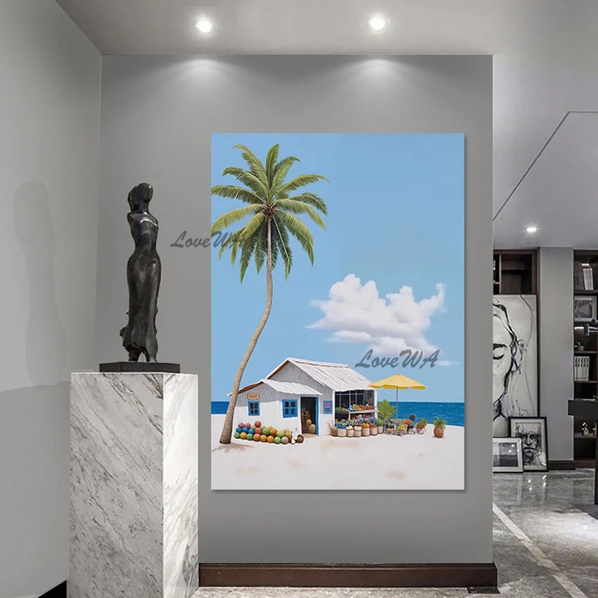 Abstract Seascape Small House Oil Paintings No Framed Beautiful Scenery Canvas Picture, High Quality Acrylic Art Wall Decoration