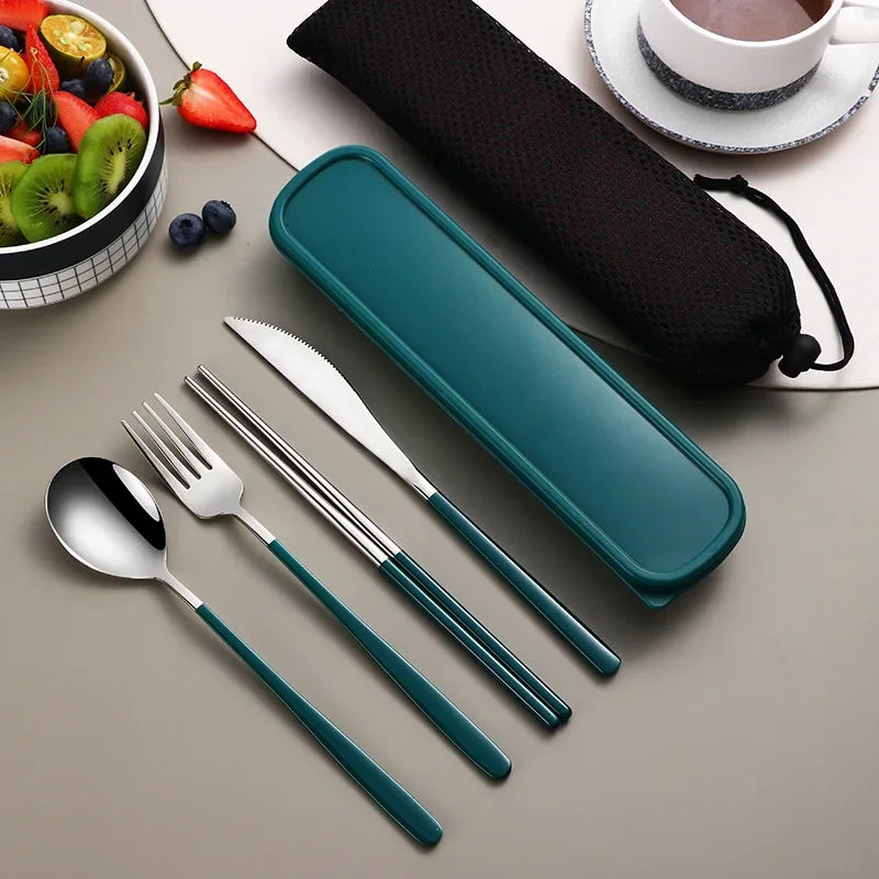 Portable Travel Utensils Set with Case Stainless Steel Knife Forks Spoons Chopsticks for Lunch Box Office Picnic Dinnerware Use