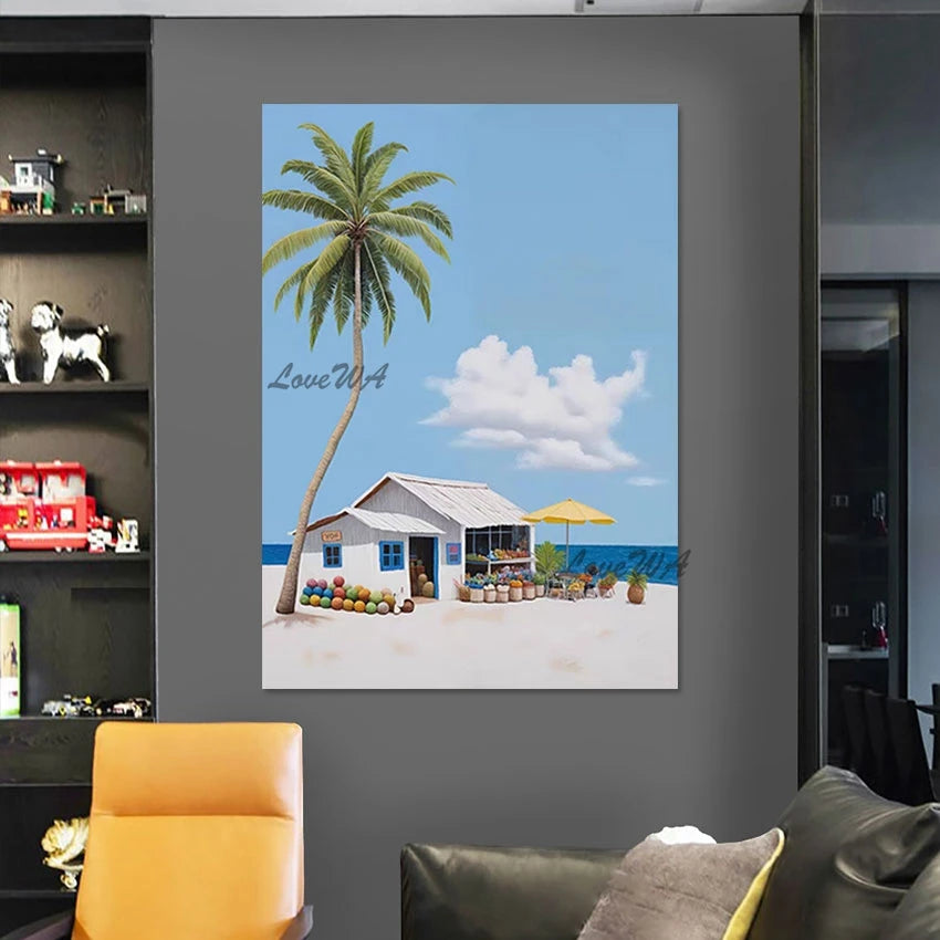 Abstract Seascape Small House Oil Paintings No Framed Beautiful Scenery Canvas Picture, High Quality Acrylic Art Wall Decoration