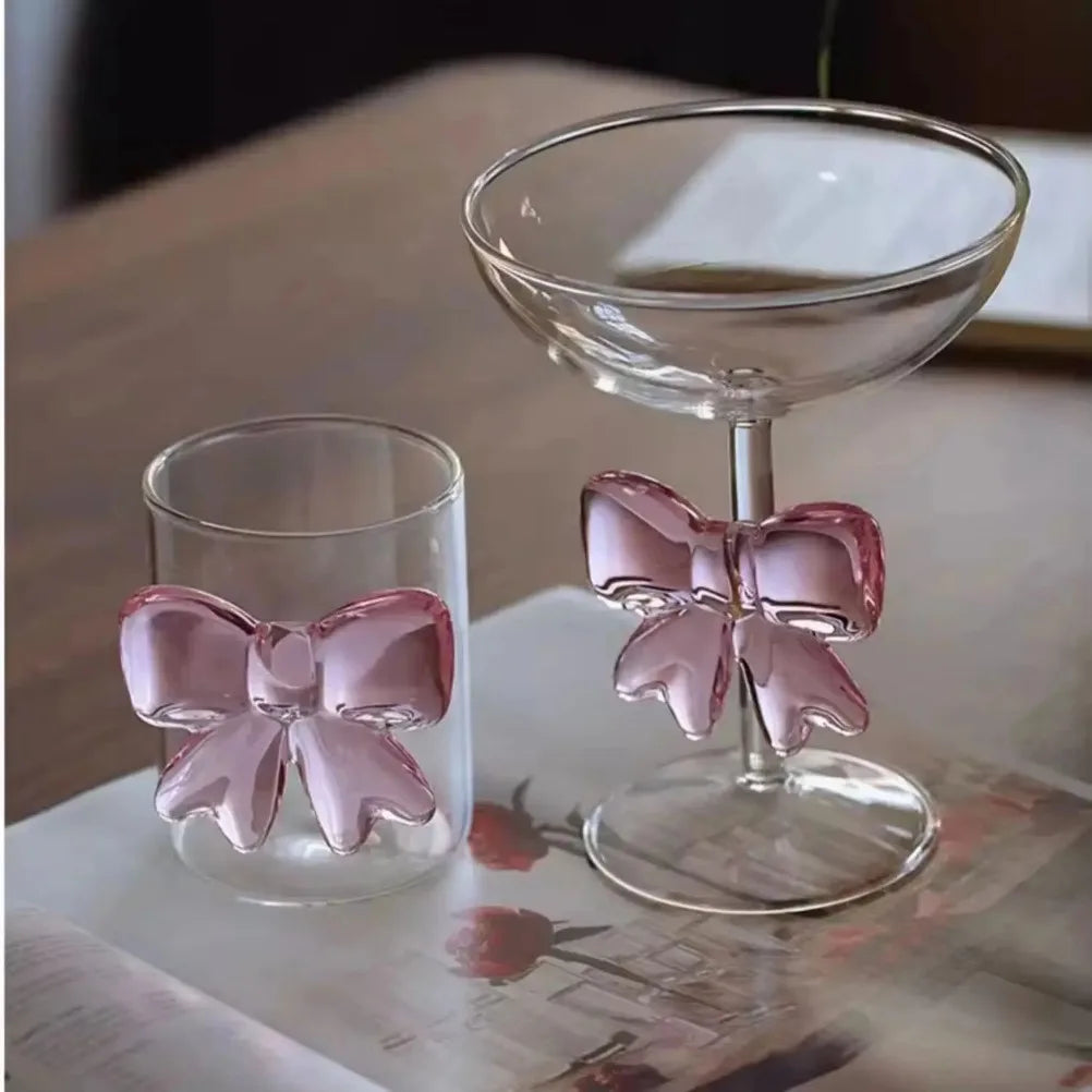 Pink Bow Glass Decor Glass Cup Goblet Bow Handle Glasses Heat-resistant High Borosilicate Dessert Ice Cream Bowl Festival Gifts