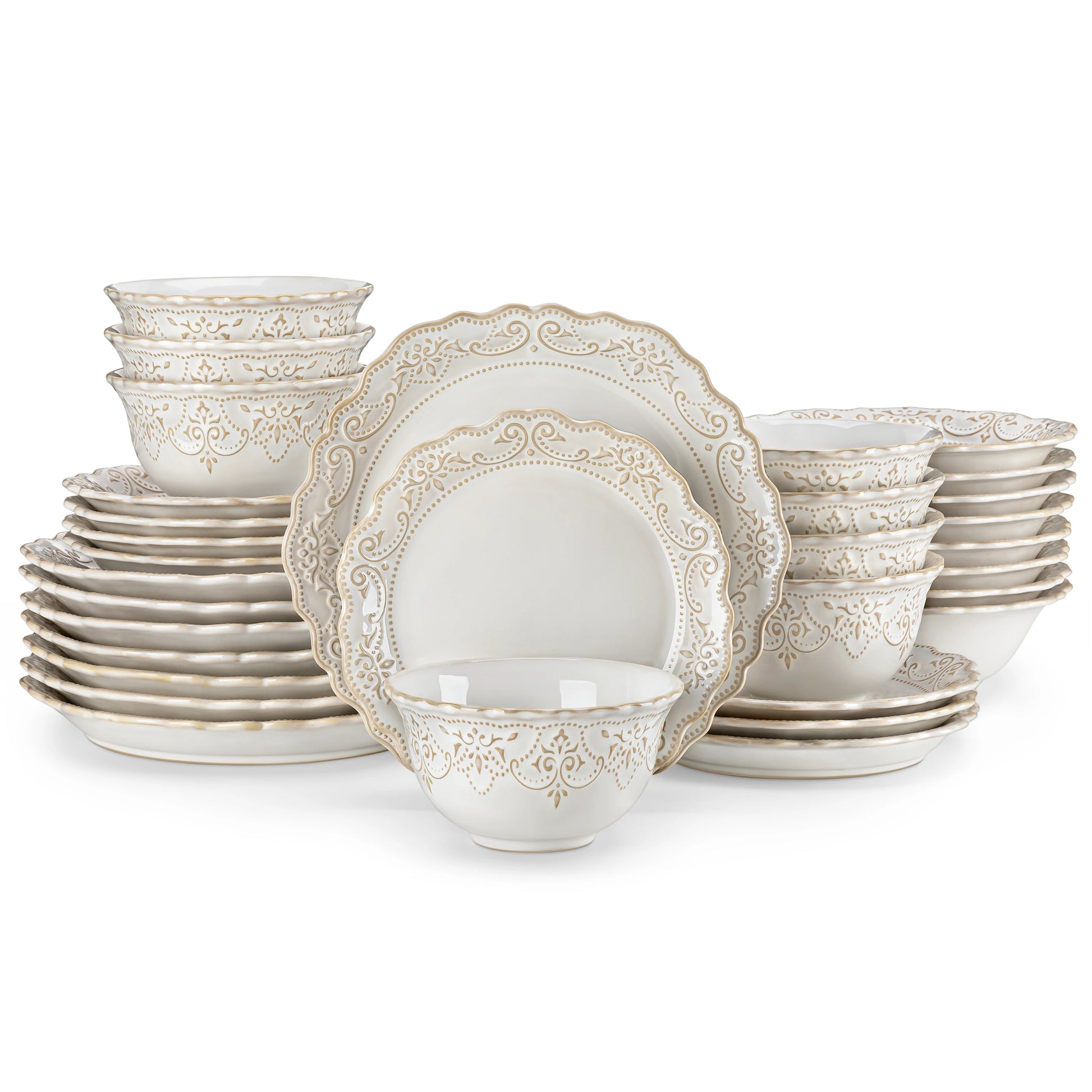 MALACASA 16/32 Piece Plates Dinner Sets Relief White Stoneware Dinnerware Set with 4 PCS Dinner Plate/Dessert/Cereal Bowl/Soup