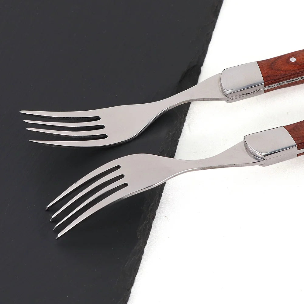 Jaswehome 6pcs Dinnerware Set Stainless Steel Red Pakkawood Handle Steak knives Western knives Fruit salad steak forks Tableware