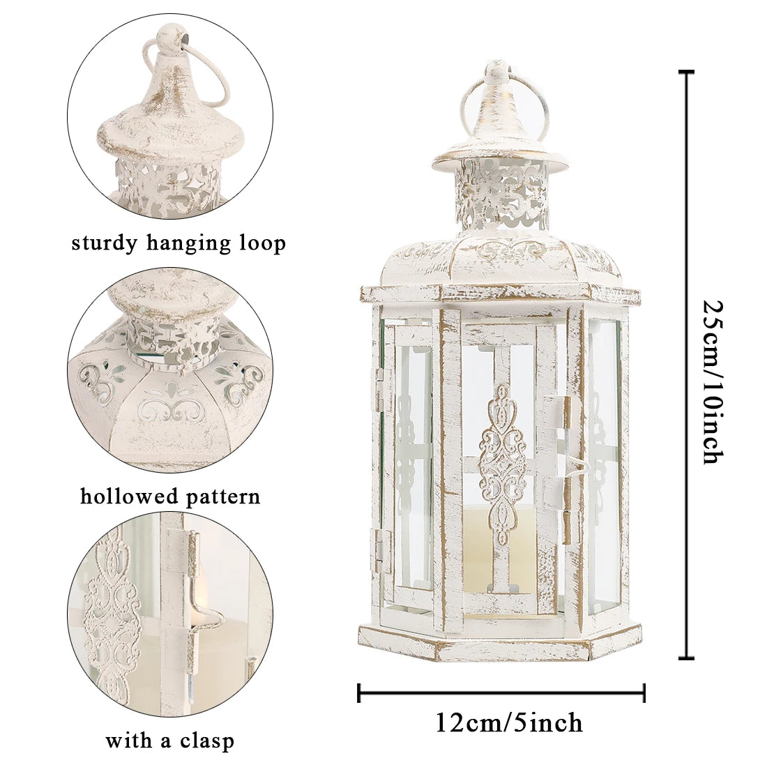 2Pcs Decorative Candle Lanterns Vintage Hanging Lantern Candle Holder Metal Candleholder White with Gold Brush Home Decor