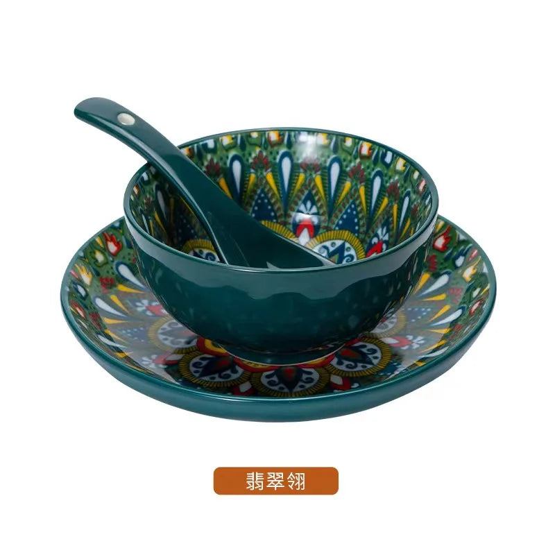 Ceramic Tableware Set Three-Piece Household Rice Bowl Plate Spoon Set Restaurant Hot Pot Barbecue Shop Commercial