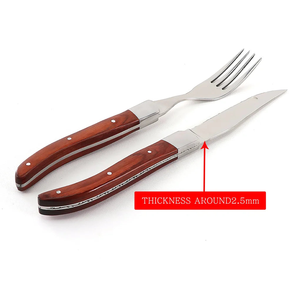 Jaswehome 6pcs Dinnerware Set Stainless Steel Red Pakkawood Handle Steak knives Western knives Fruit salad steak forks Tableware