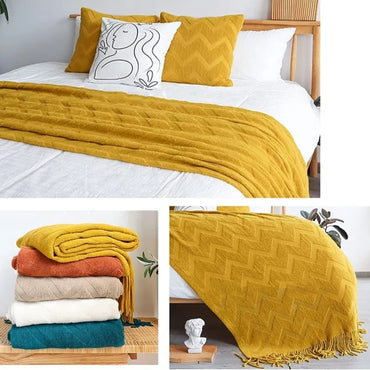Fluffy Chunky Knitted Fringe Throw Blanket Lightweight Soft Cozy for Bed Sofa Chair Throw Blankets Gift Vintage Wave Blankets