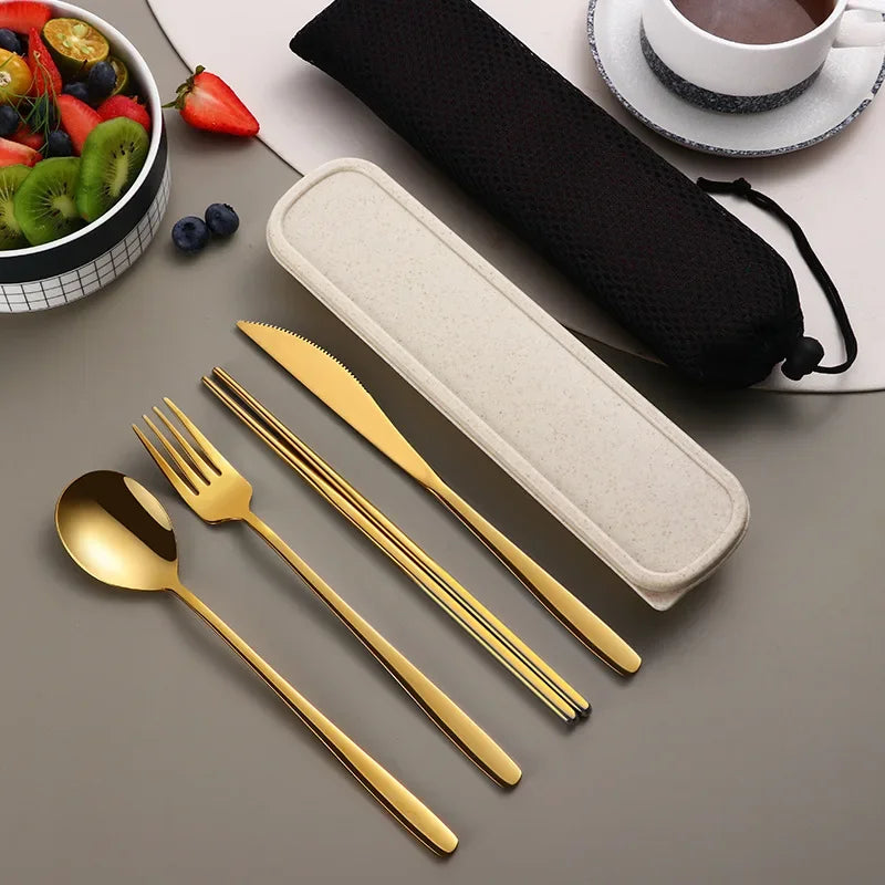 Portable Travel Utensils Set with Case Stainless Steel Knife Forks Spoons Chopsticks for Lunch Box Office Picnic Dinnerware Use