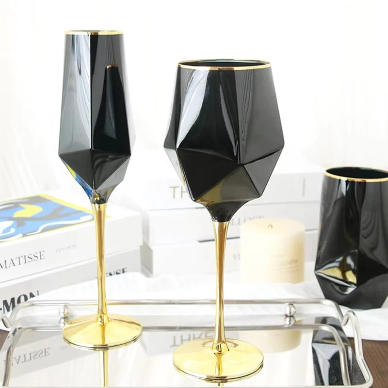 Luxury Black Whisky Glasses with Golden Edge Electroplated Irregular Goblet for Special Purpose Drinking Room Decor