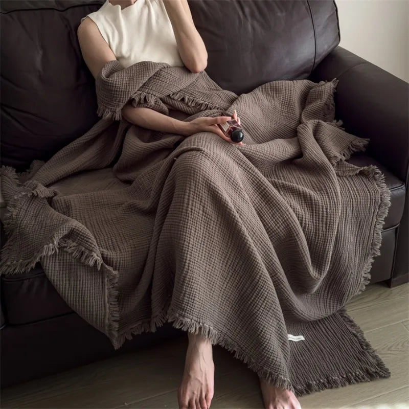 Cotton six layer wrinkled yarn fringe blanket for office nap, sofa cover blanket, high-end feeling pure cotton shawl blanket