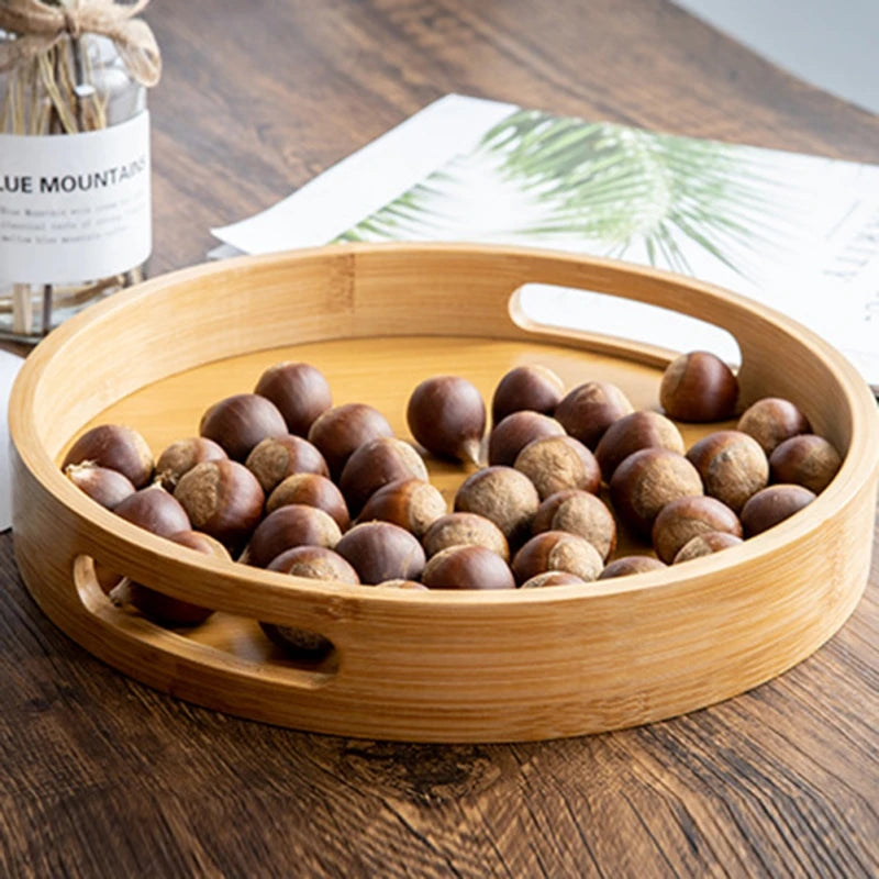 Wooden Round Serving Tray Decorative Bamboo Plate Tea Cup Food Dishes Storage Tray Drink Platter Plate Dinner Fruit Snack Trays