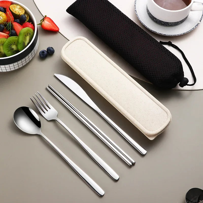 Portable Travel Utensils Set with Case Stainless Steel Knife Forks Spoons Chopsticks for Lunch Box Office Picnic Dinnerware Use