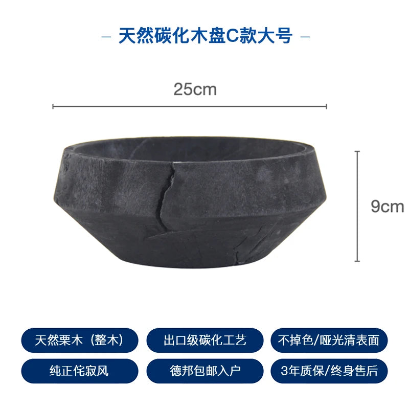 Wabi Sabi Charred Wood Tray Black Fruit Bowl Minimalist Display Platter for Hotel Rustic Storage Tray for Living Room Decoration