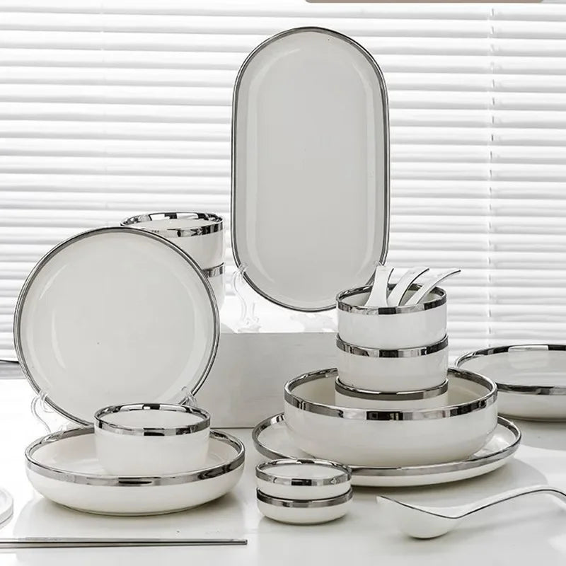 White Ceramic Plates With Silver Steak Serving Plate Bowls Ins Dinner Dish Porcelain Dinnerware Set For Family Hotel
