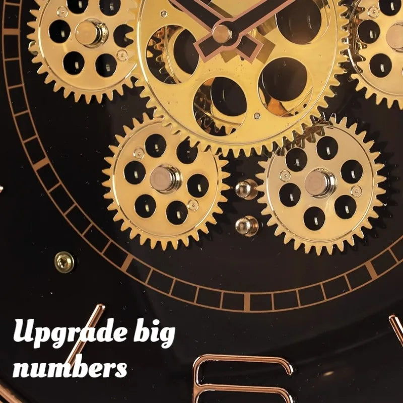Luxury Round Silent Wall Clocks Creative Gear Rotate Big-numbers Living Room Wall Clock Metal Pointer Vintage Simple Home Decor