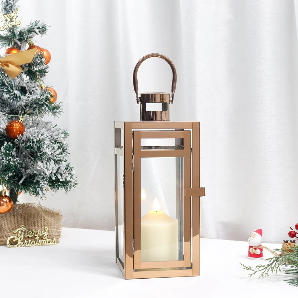 Stainless Steel Candle Holder Lanterns Rose Gold Hanging Lantern Candlestick Light for Indoor Outdoor Weddings Party Home Decor