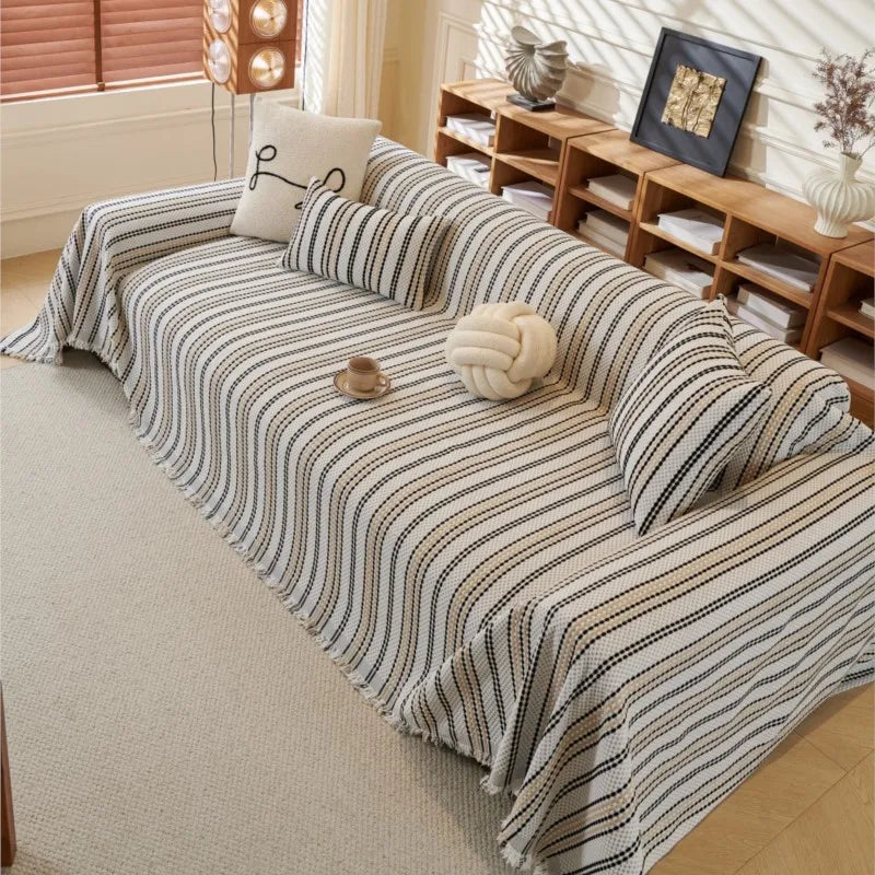 Cat Scratch Resistant Dustproof Sofa Cushion Universal Striped Pattern Sofa Blanket Mat All-Season Chenille Sofa Cover Slipcover
