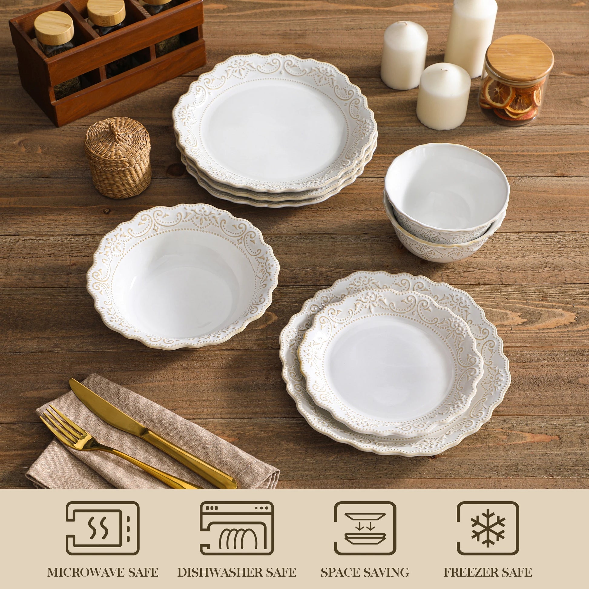 MALACASA 16/32 Piece Plates Dinner Sets Relief White Stoneware Dinnerware Set with 4 PCS Dinner Plate/Dessert/Cereal Bowl/Soup