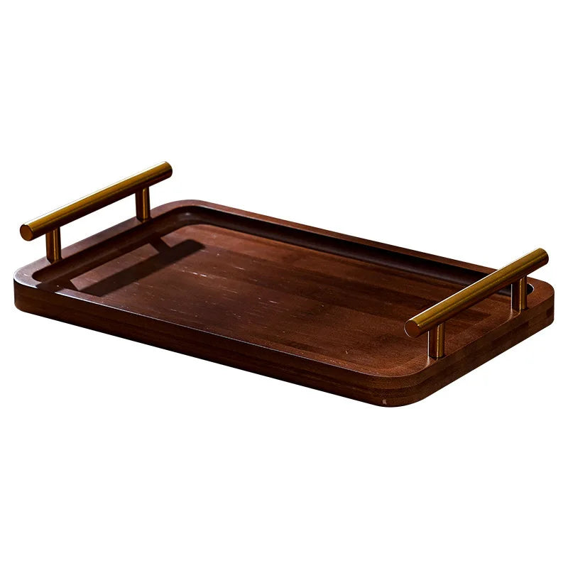 Wooden Tray with Golden Metal Handle for Water Cup Fruit Food Bread Sundries Serving Tray Household Organizer