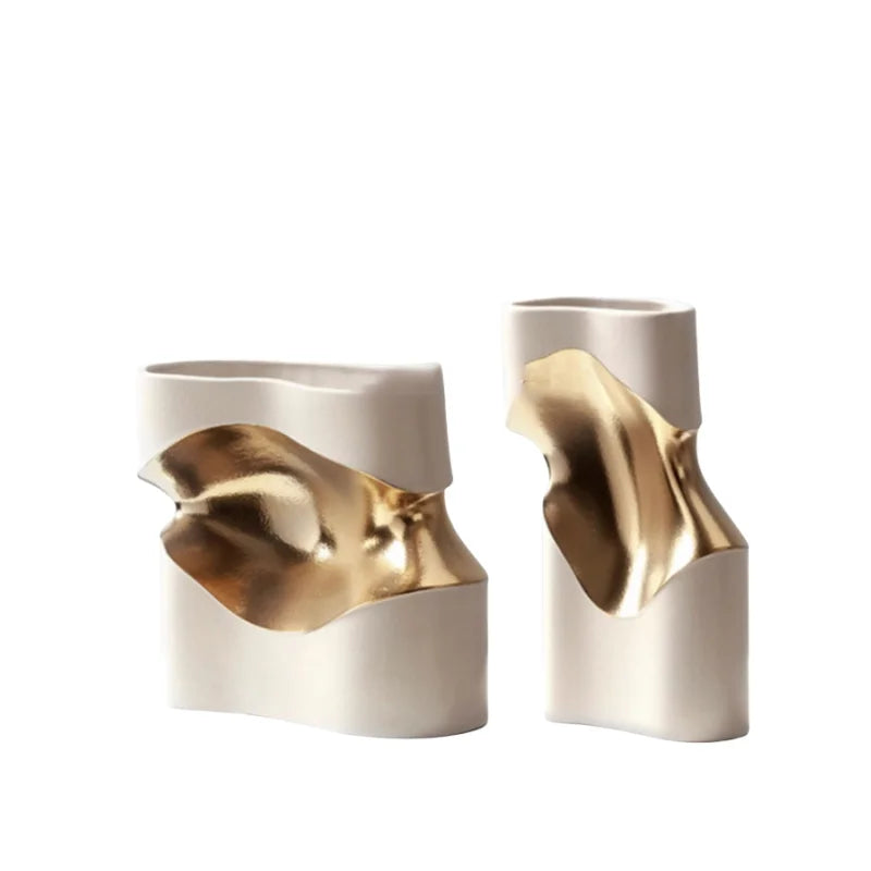 Ceramic Vase Curve Irregular Bend Golden Flower Artistic Flowerpots Porcelain Crafts Ornaments Room Decoration