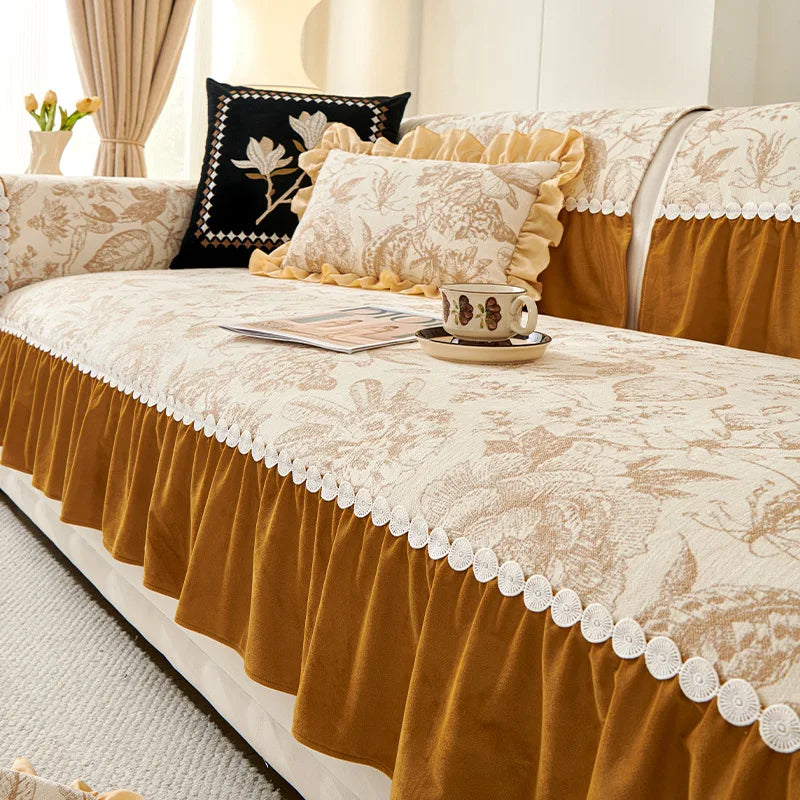 EIFLOY-French Chenille Sofa Slip Covers for Living Room, 3 Seater, Anti Slip, Corner Couch Cover, Armchair Protector, Ruffles