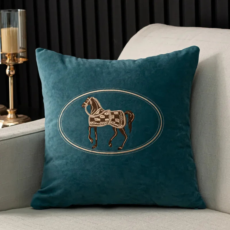 Elegant American Hand-Embroidered Cushion Cover with Horse Design, Perfect for Sofa Home Office Living Room or Car Size 45x45cm