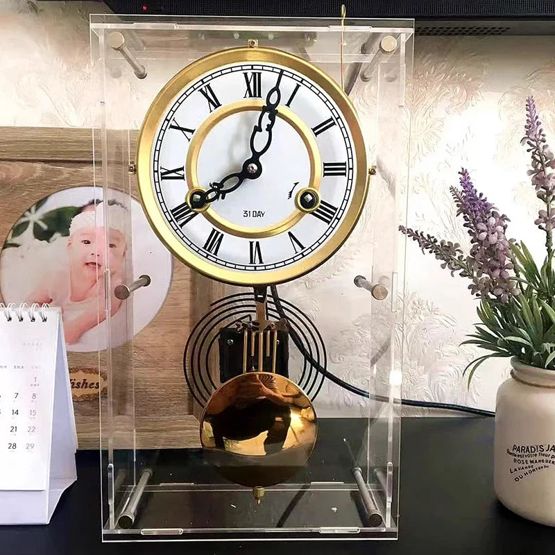 Nordic Mechanical Clock Retro Transparent Desktop Clocks Pendulum Pure Copper Movement Bedroom Watch Vintage Home and Decoration