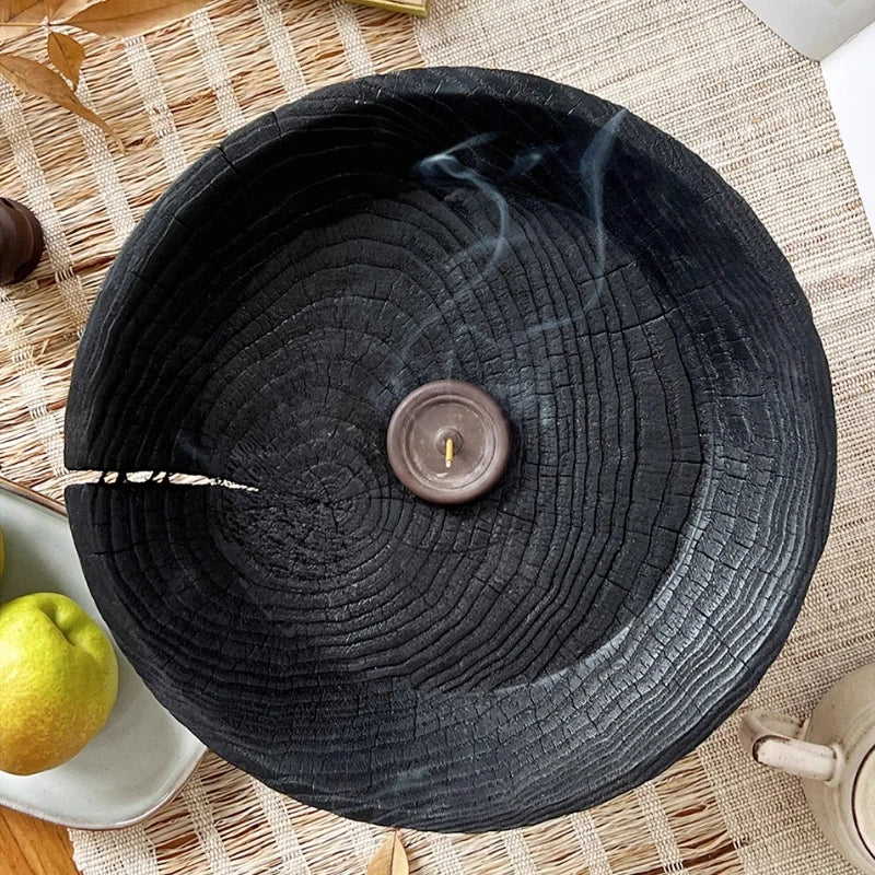 Wabi Sabi Charred Wood Tray Black Fruit Bowl Minimalist Display Platter for Hotel Rustic Storage Tray for Living Room Decoration