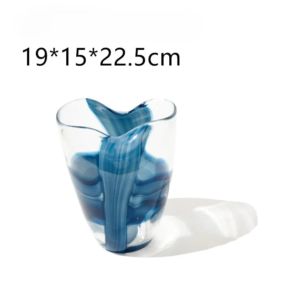 Nordic Style Handmade Transparent Pleated Blue Phoenix Tail Glass Vase Flower Table Model Room Living Room Decoration Flower Pot