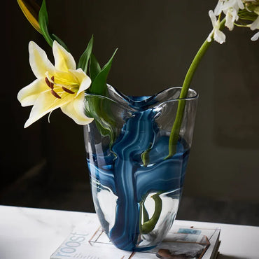 Nordic Style Handmade Transparent Pleated Blue Phoenix Tail Glass Vase Flower Table Model Room Living Room Decoration Flower Pot