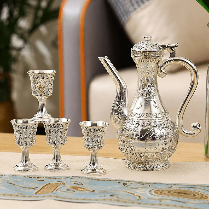 Baifu pure silver 99.9% nano electroplated silver wine set, creative wine glass and kettle set, creative home retro style wine