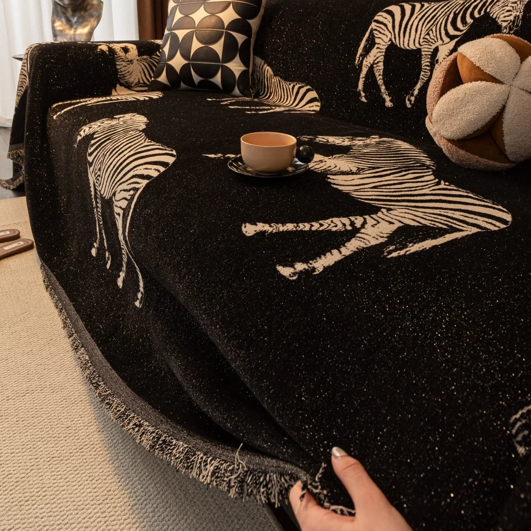 1PC New Zebra Jacquard Shiny Chenille Sofa Towel, All-Season Fringe Tassel Couch Blanket, Living Room Decor Sofa Cover