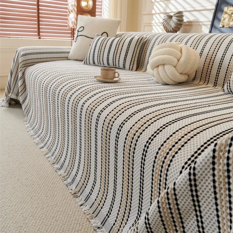 Cat Scratch Resistant Dustproof Sofa Cushion Universal Striped Pattern Sofa Blanket Mat All-Season Chenille Sofa Cover Slipcover
