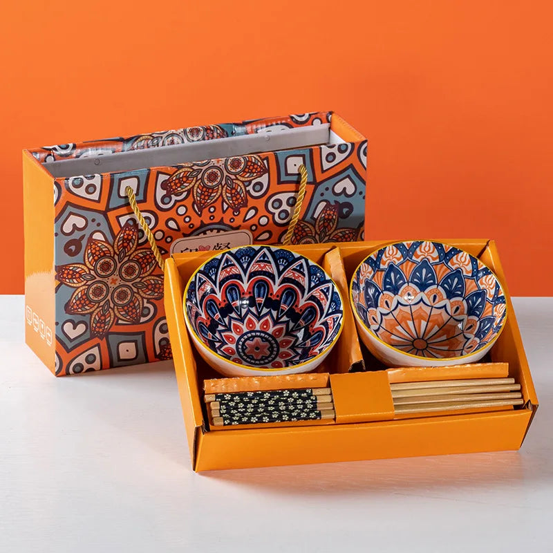 Bohemian creative handpainted ceramic tableware company opening gift kitchen supplies companion gift box bowl and chopsticks set