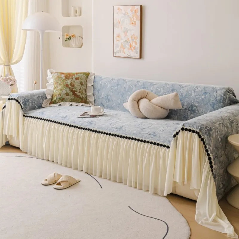 Autumn Universal Chenille Sofa Cover French Ruffled Edge Creamy Mats Aesthetic Flower Printed Anti-Slip Patchwork Couch Cushion