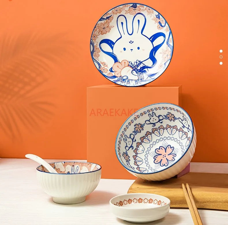 Strawberry and rabbit tableware set, underglaze color household ceramic cute rice bowls and plates