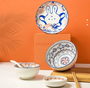 Strawberry and rabbit tableware set, underglaze color household ceramic cute rice bowls and plates