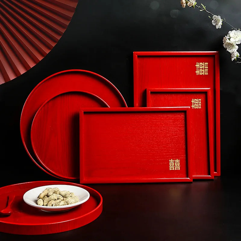 Chinese Wedding Tableware Set Joyful Red Ceramic Bowls Spoons Teacups Chopsticks Tray Wedding Supplies Gifts