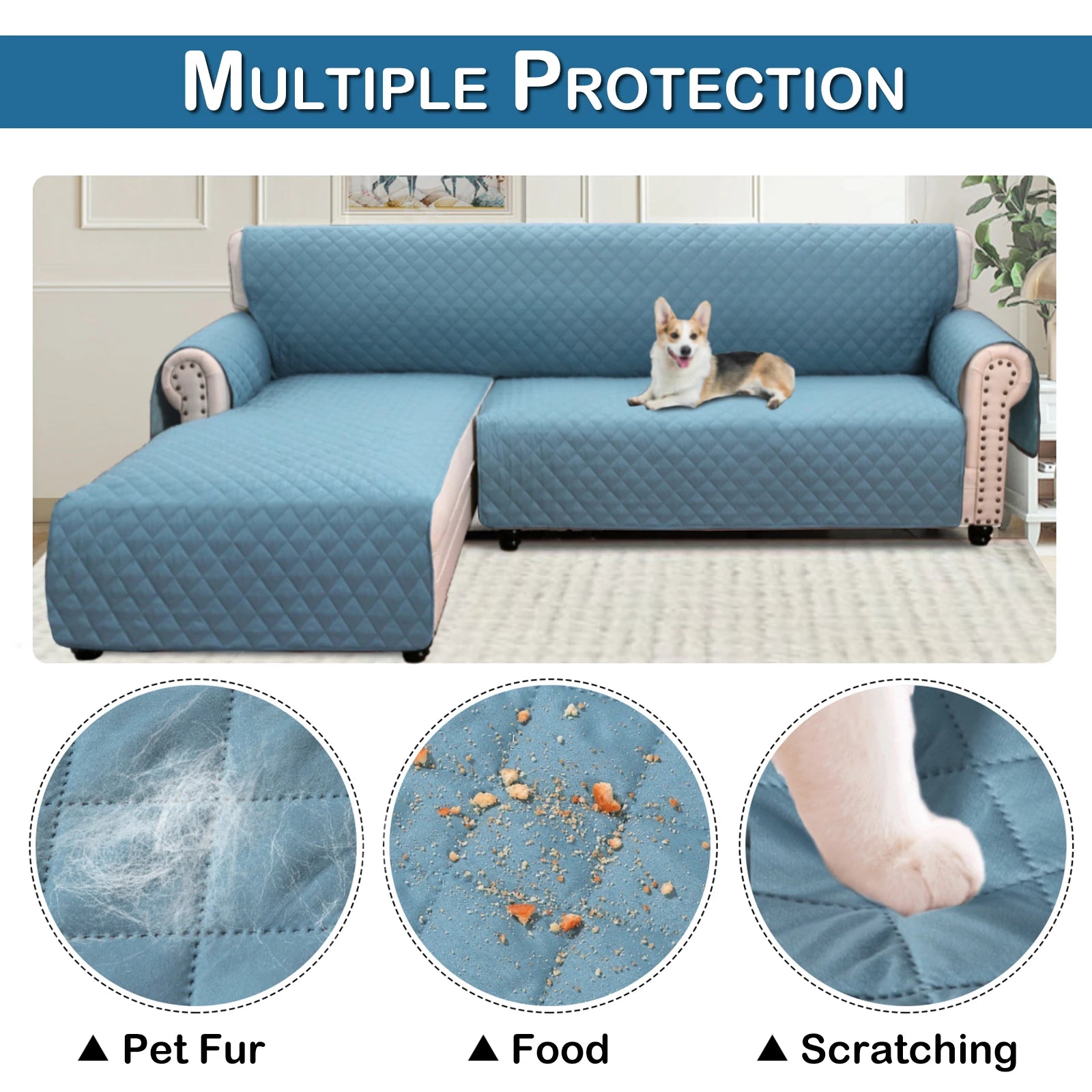 Quilted Corner Sofa Covers for Living Room Waterproof Reversible L-Shape Couch Slipcover Washable Pet Protector Mat Furniture